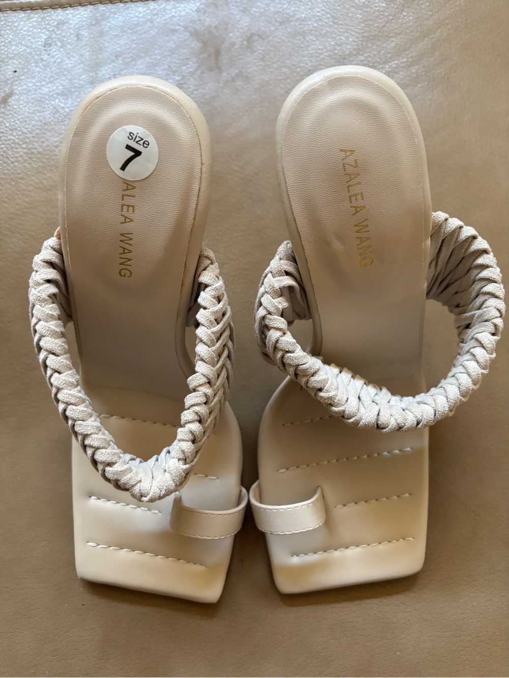 Azalea wang 4 inch Braided Ankle-Strap Square-Toe cream nude Heels - Picture 3 of 5